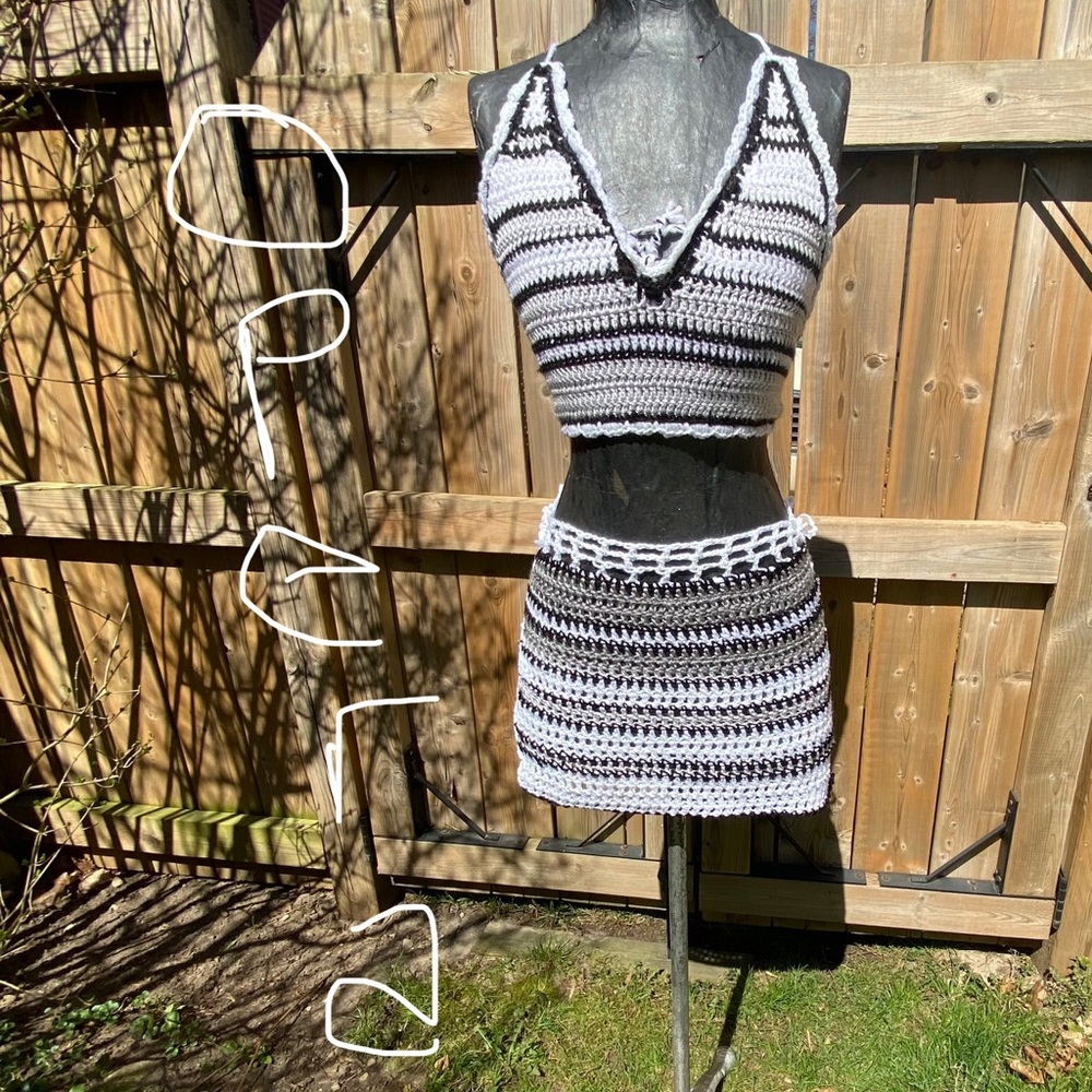 SOLD crocheted summer top & skirt set. One size fits all due to tie up design